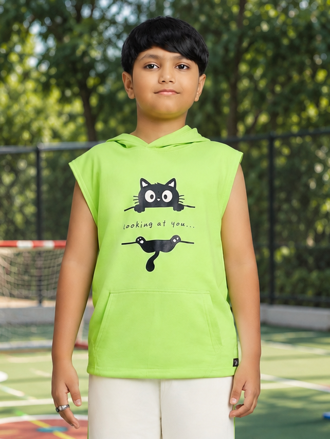 CURIOUS CAT HOODED T-SHIRT FOR BOYS GIRLS NEON GREEN