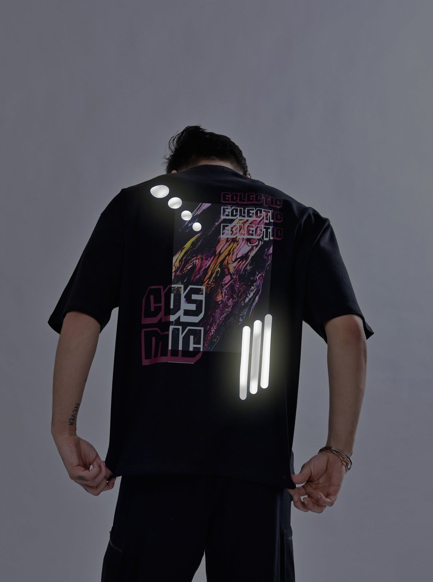 Eclectic Cosmic Reflector Over-Sized T-Shirt (Black) - Wearduds