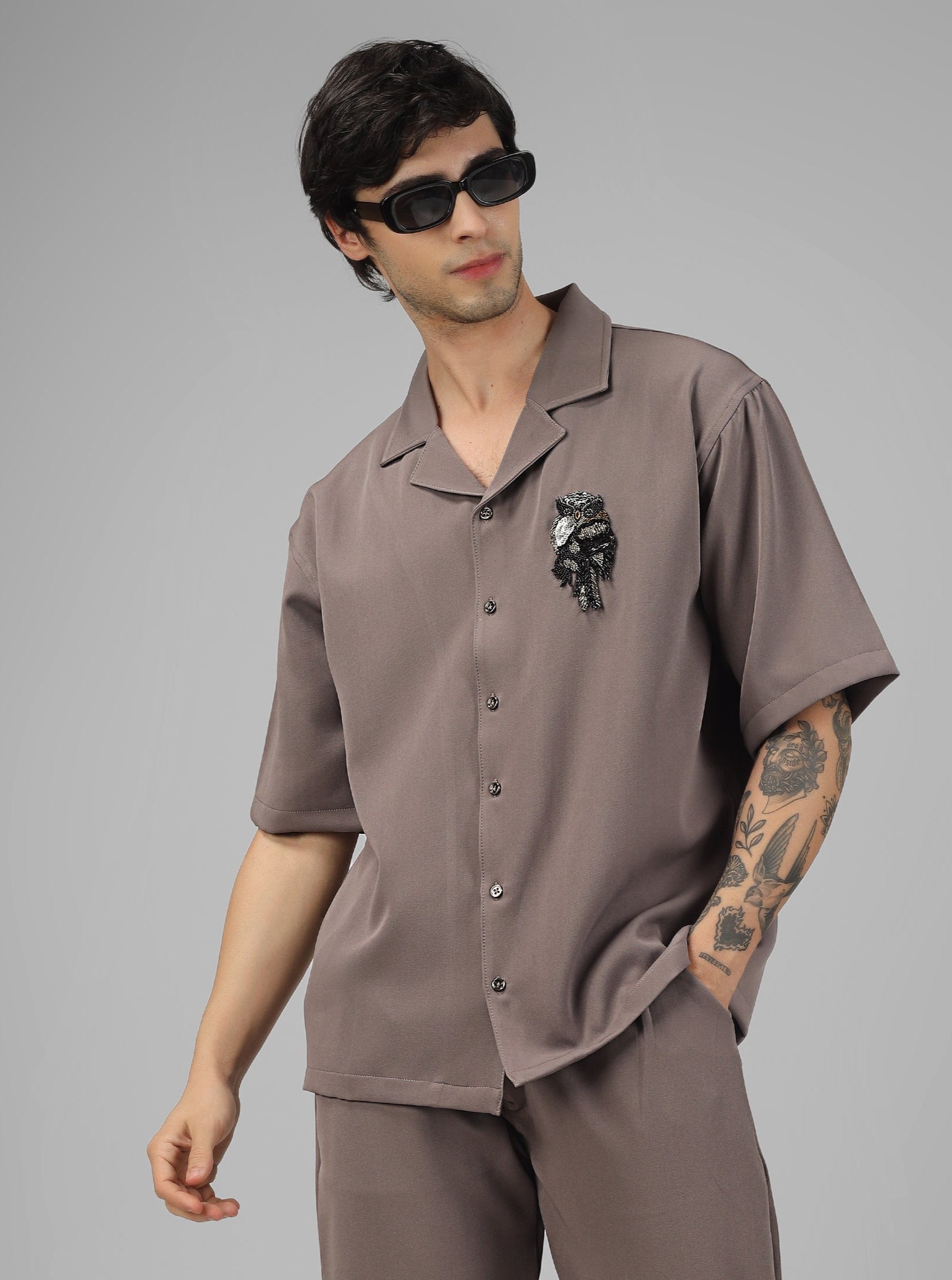 Embellished Owl Designer Shirt (Cuban Collar) - Wearduds