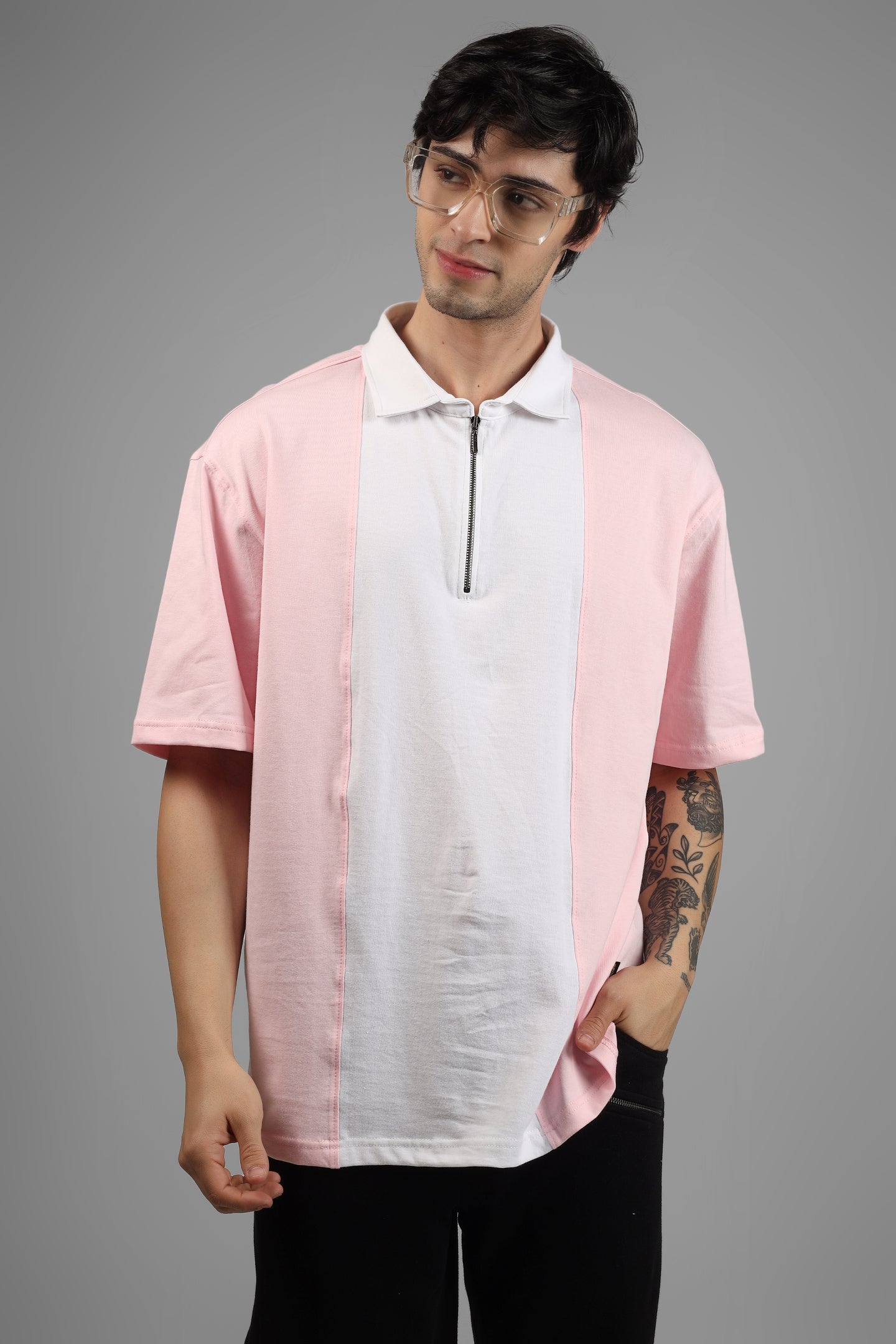 Blush Pink & White Oversized Polo Zipper T-Shirt - Wearduds