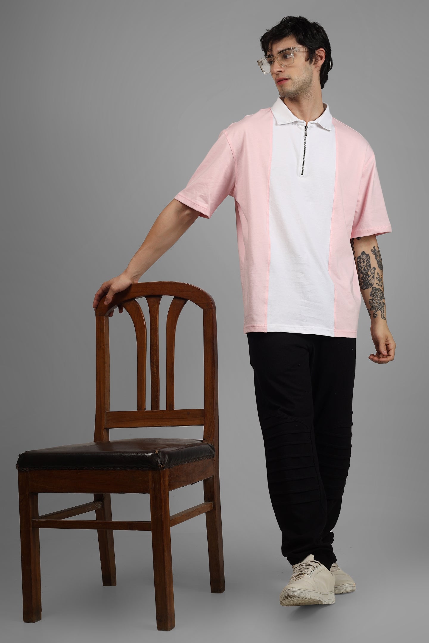 Blush Pink & White Oversized Polo Zipper T-Shirt - Wearduds