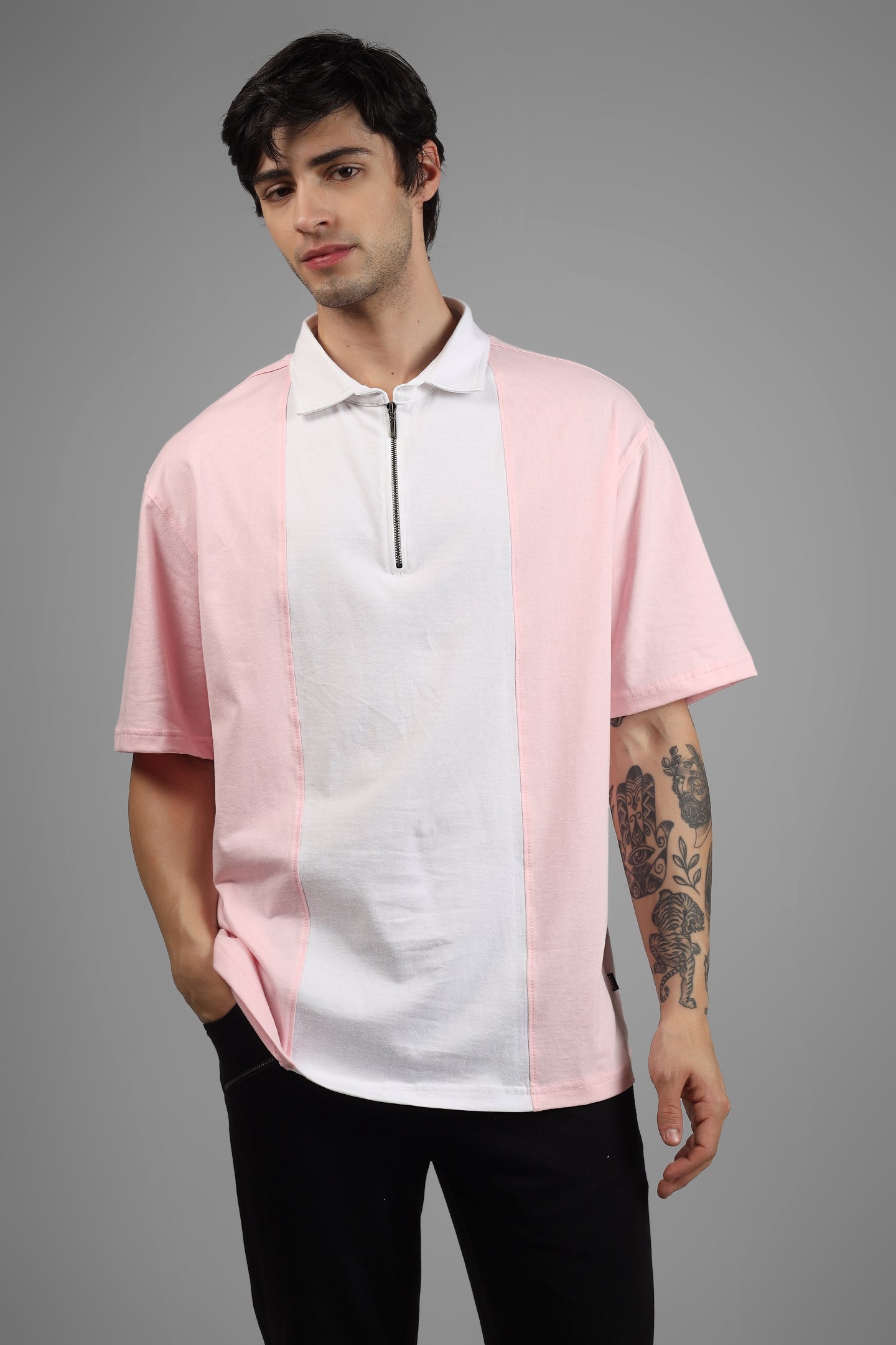 Blush Pink & White Oversized Polo Zipper T-Shirt - Wearduds