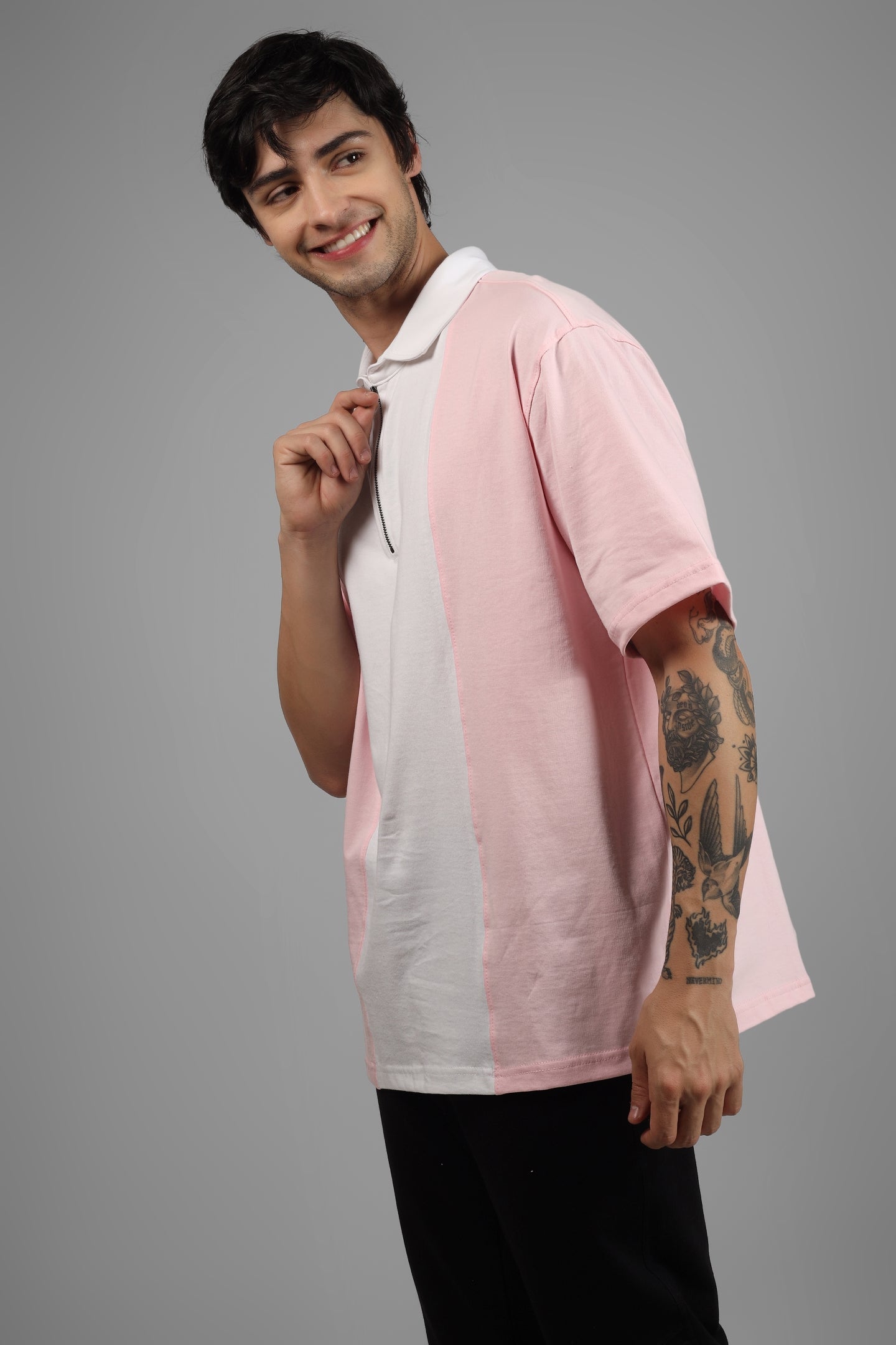 Blush Pink & White Oversized Polo Zipper T-Shirt - Wearduds