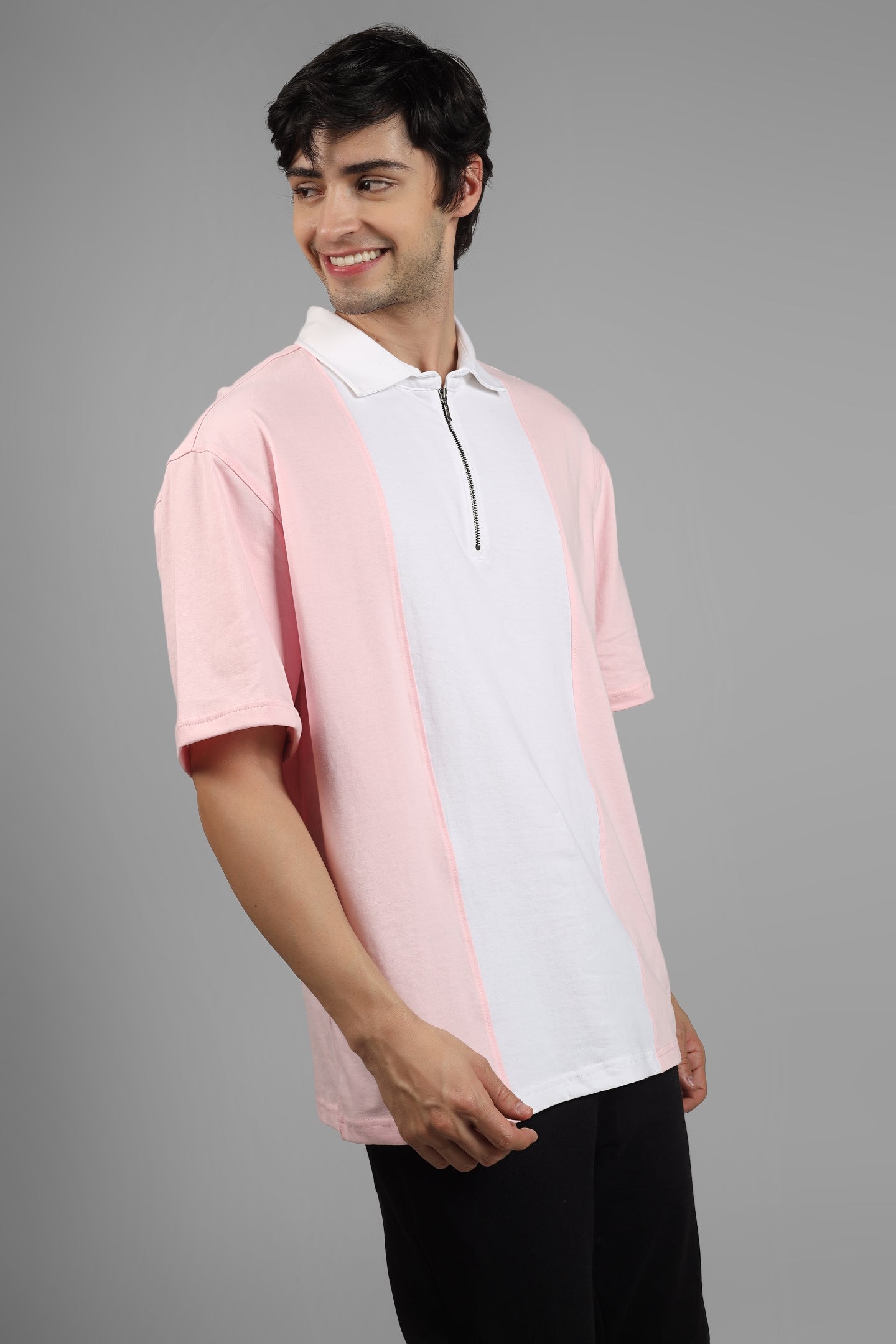 Blush Pink & White Oversized Polo Zipper T-Shirt - Wearduds