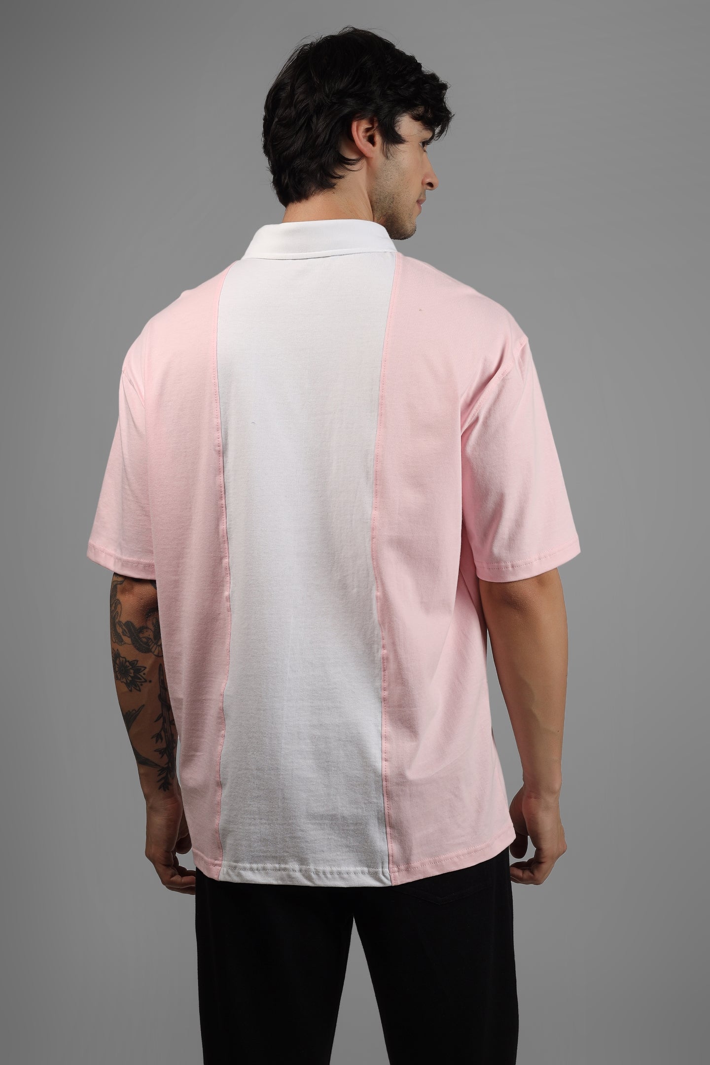 Blush Pink & White Oversized Polo Zipper T-Shirt - Wearduds