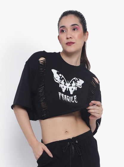 Fragile Oversized Cropped T-Shirts (Black) - Wearduds