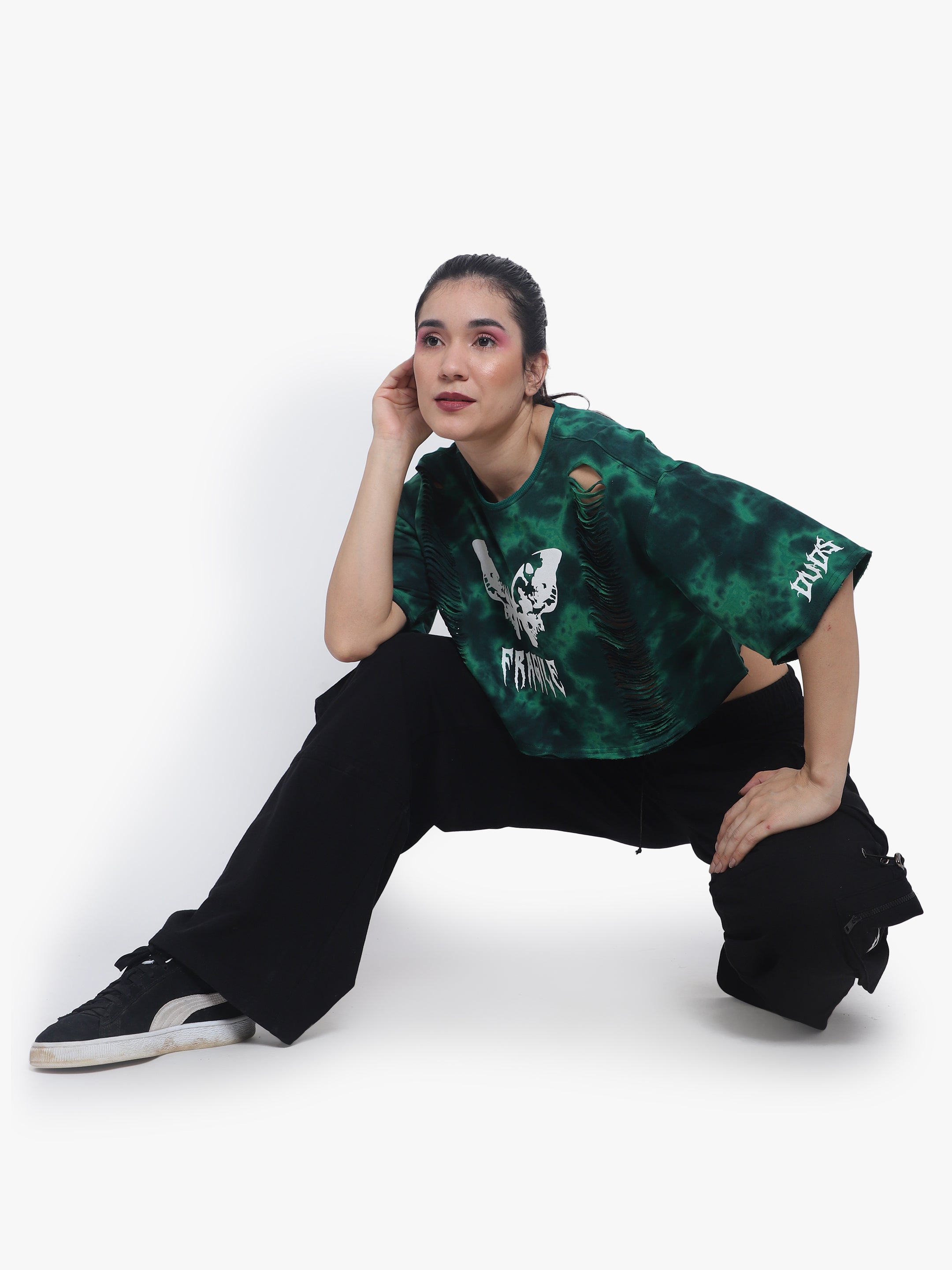 Fragile Oversized Cropped T-Shirts (Green Tie Dye) - Wearduds