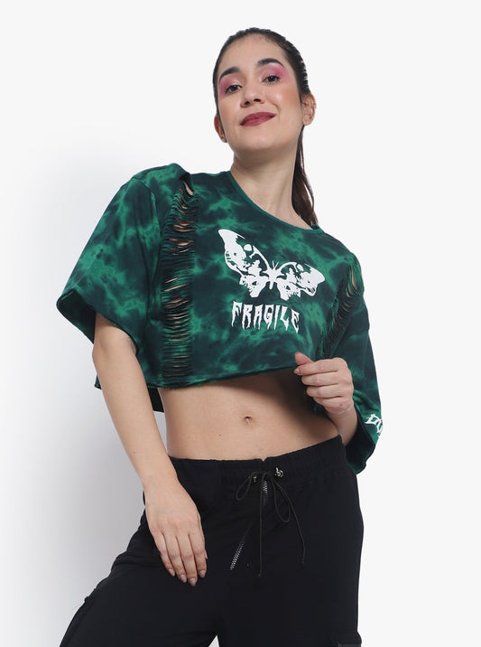 fragile oversized cropped t shirts green tie dye