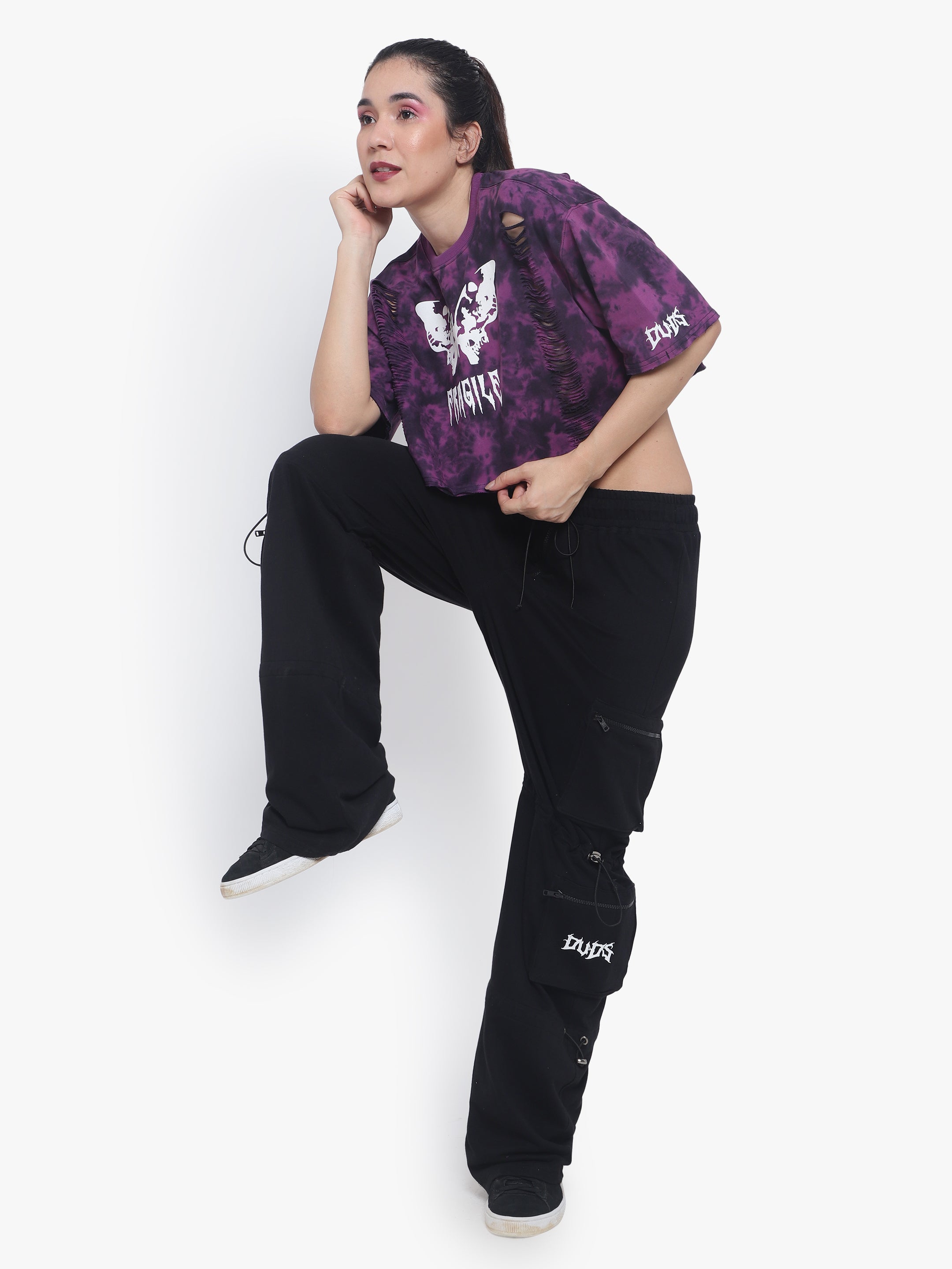 Fragile Oversized Cropped T-Shirts (Purple Tie Dye) - Wearduds