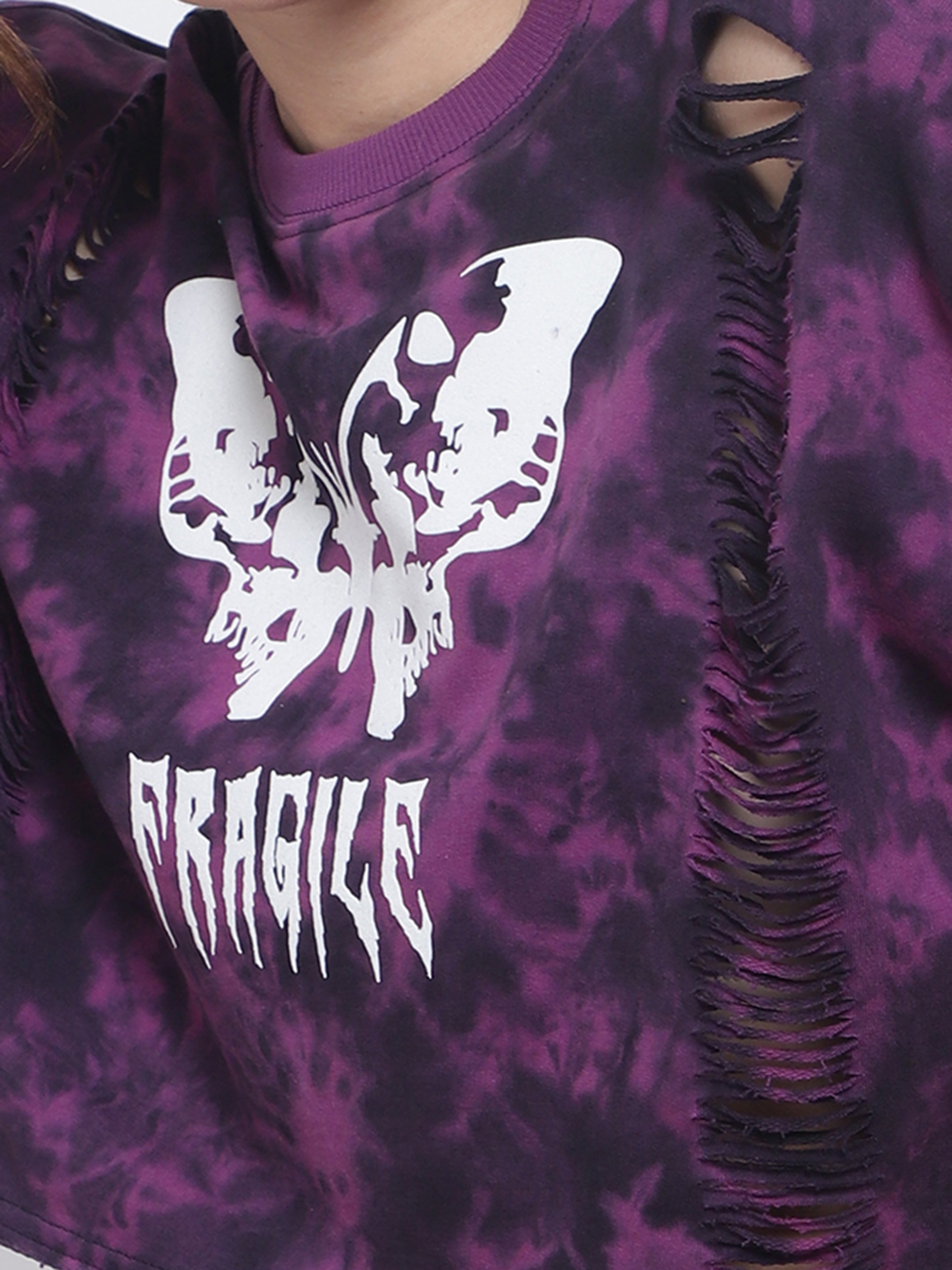Fragile Oversized Cropped T-Shirts (Purple Tie Dye) - Wearduds