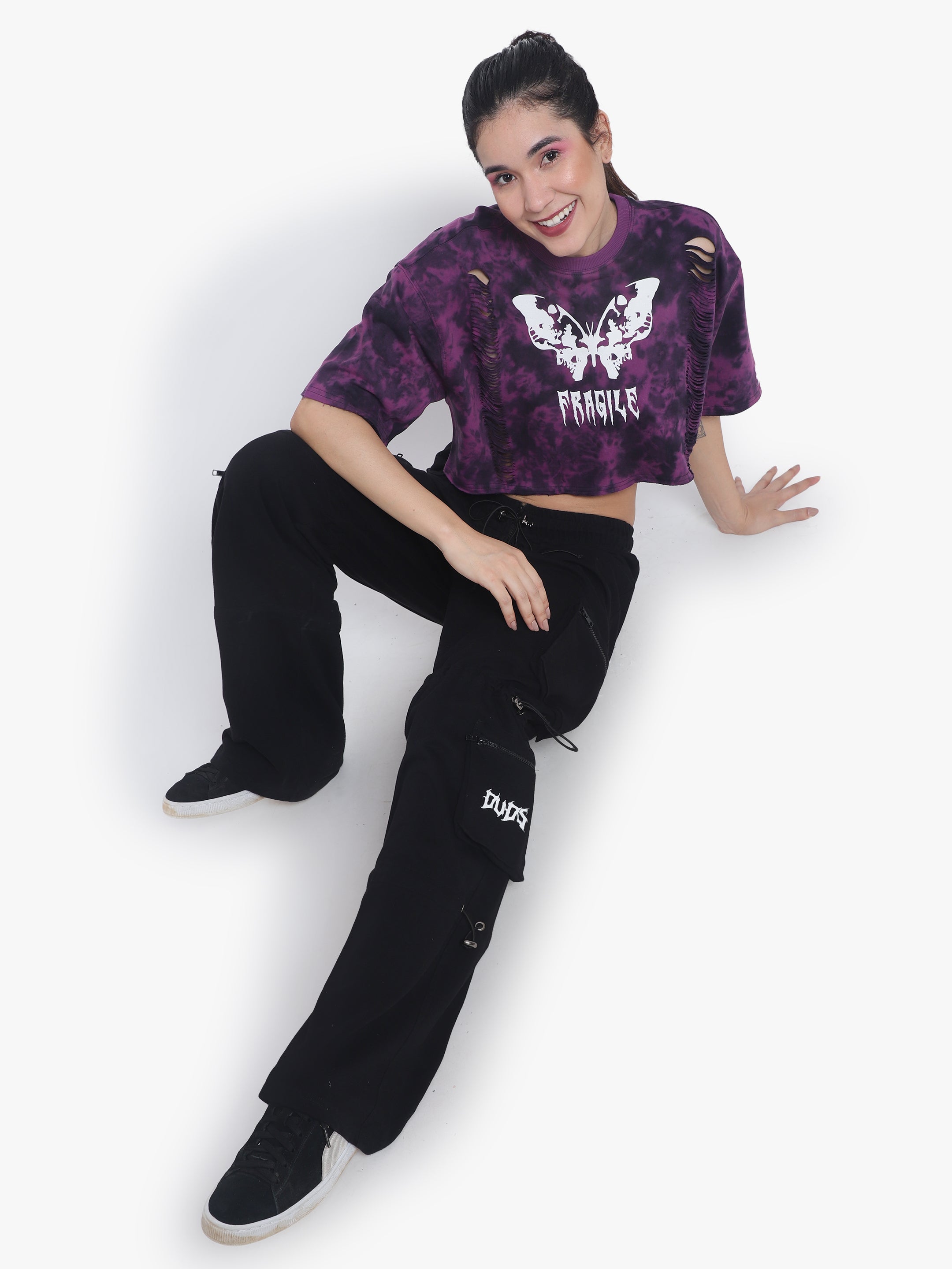 Fragile Oversized Cropped T-Shirts (Purple Tie Dye) - Wearduds