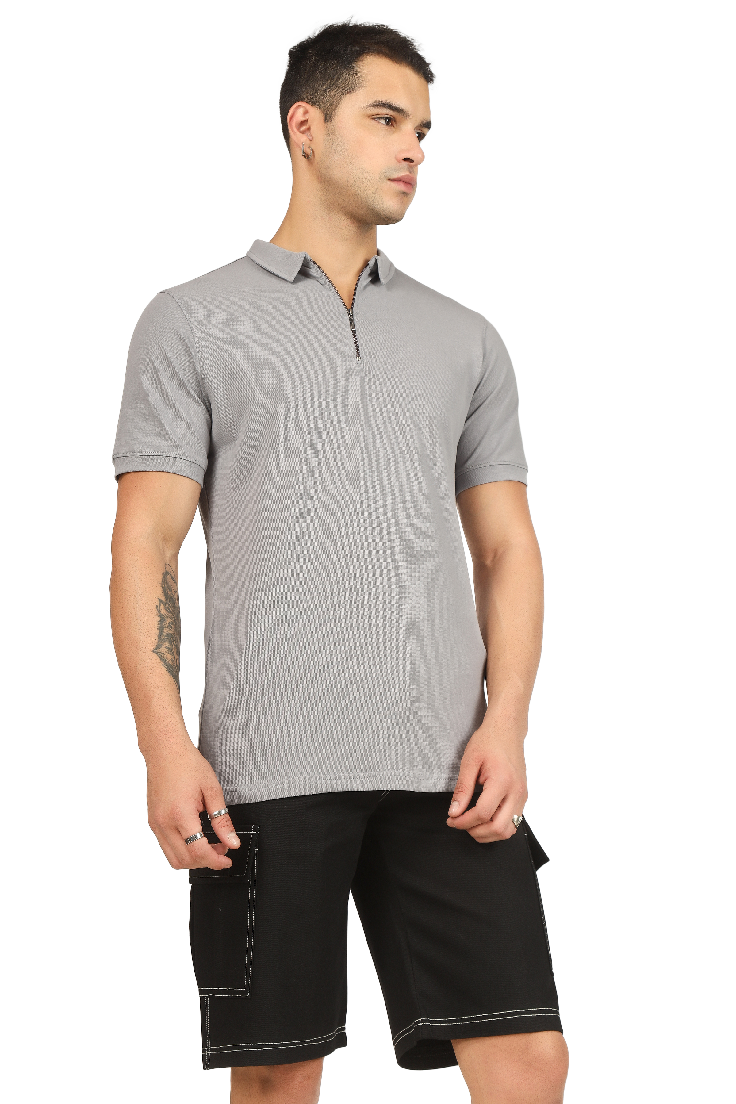 Grained Polo Neck Zipper T-Shirt - Wearduds