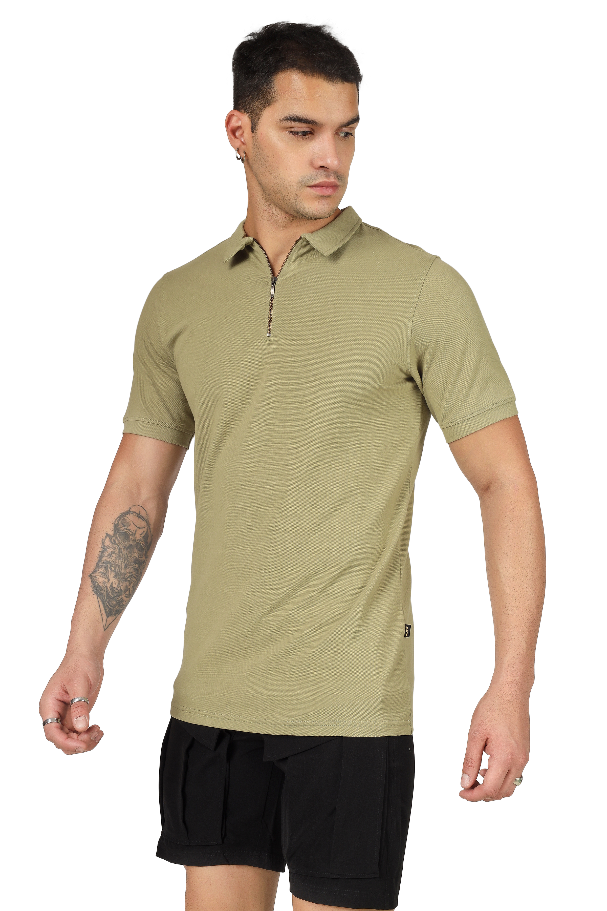 Gravel Green Polo Neck Zipper T-Shirt - Wearduds
