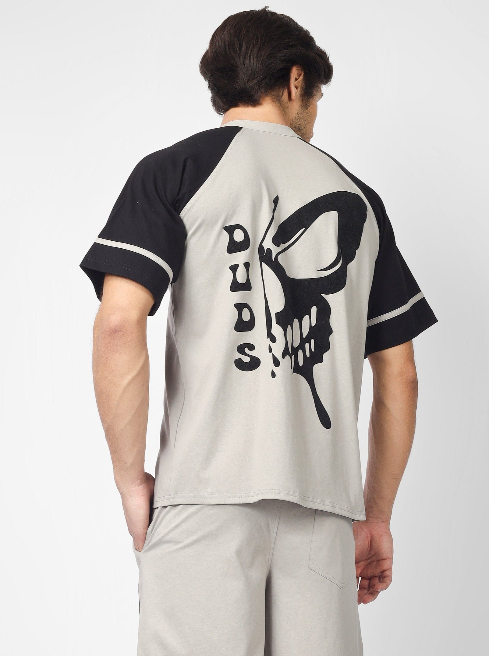 Raglan OS T-shirt with Skull Butterfly Print (Grey) - Wearduds