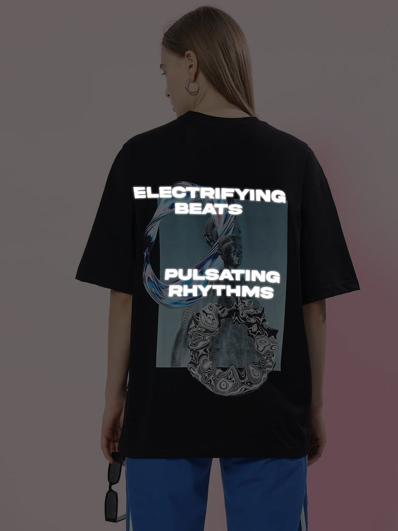 WOMENS PULSATING RHYTHMS REFLECTOR OVER-SIZED T-SHIRT BLACK