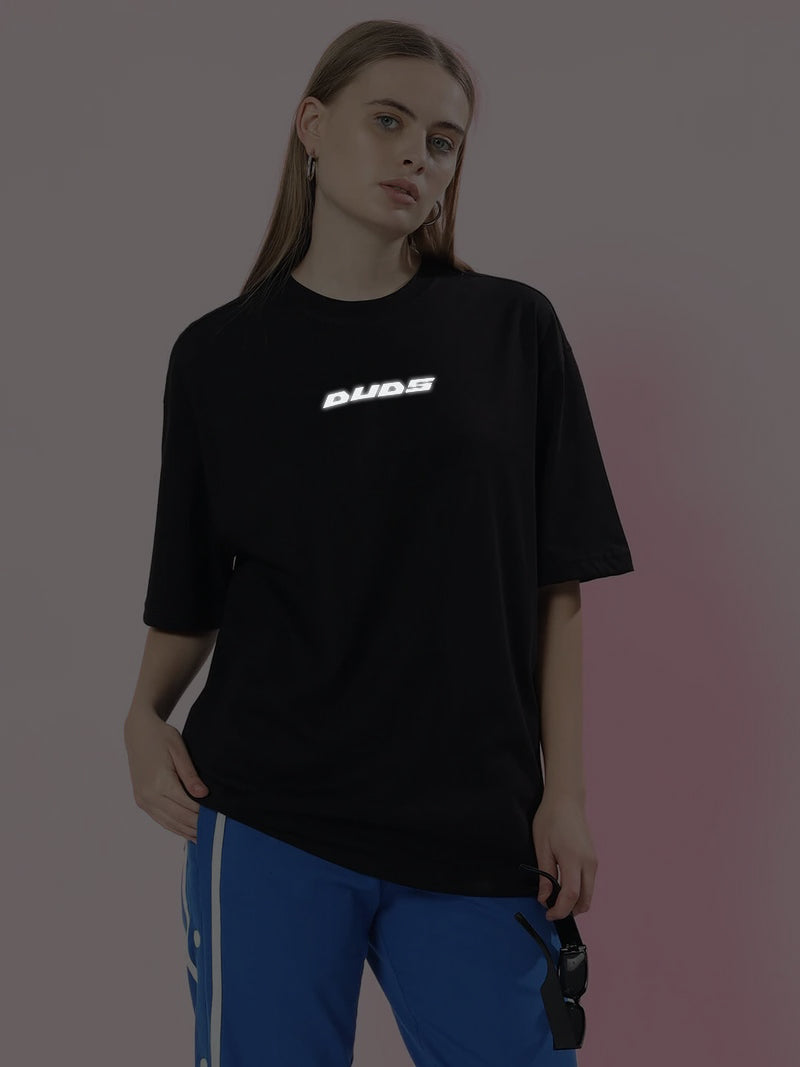 WOMENS PULSATING RHYTHMS REFLECTOR OVER-SIZED T-SHIRT BLACK