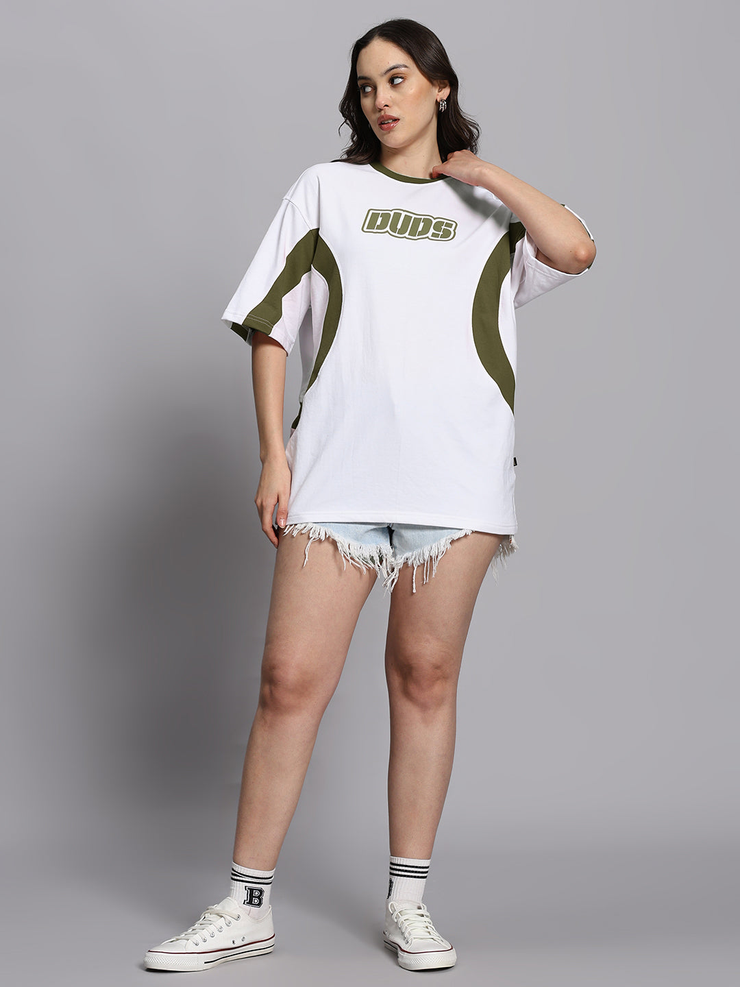WOMEN'S EZEL OVER SIZED T-SHIRT (WHITE OLIVE GREEN)
