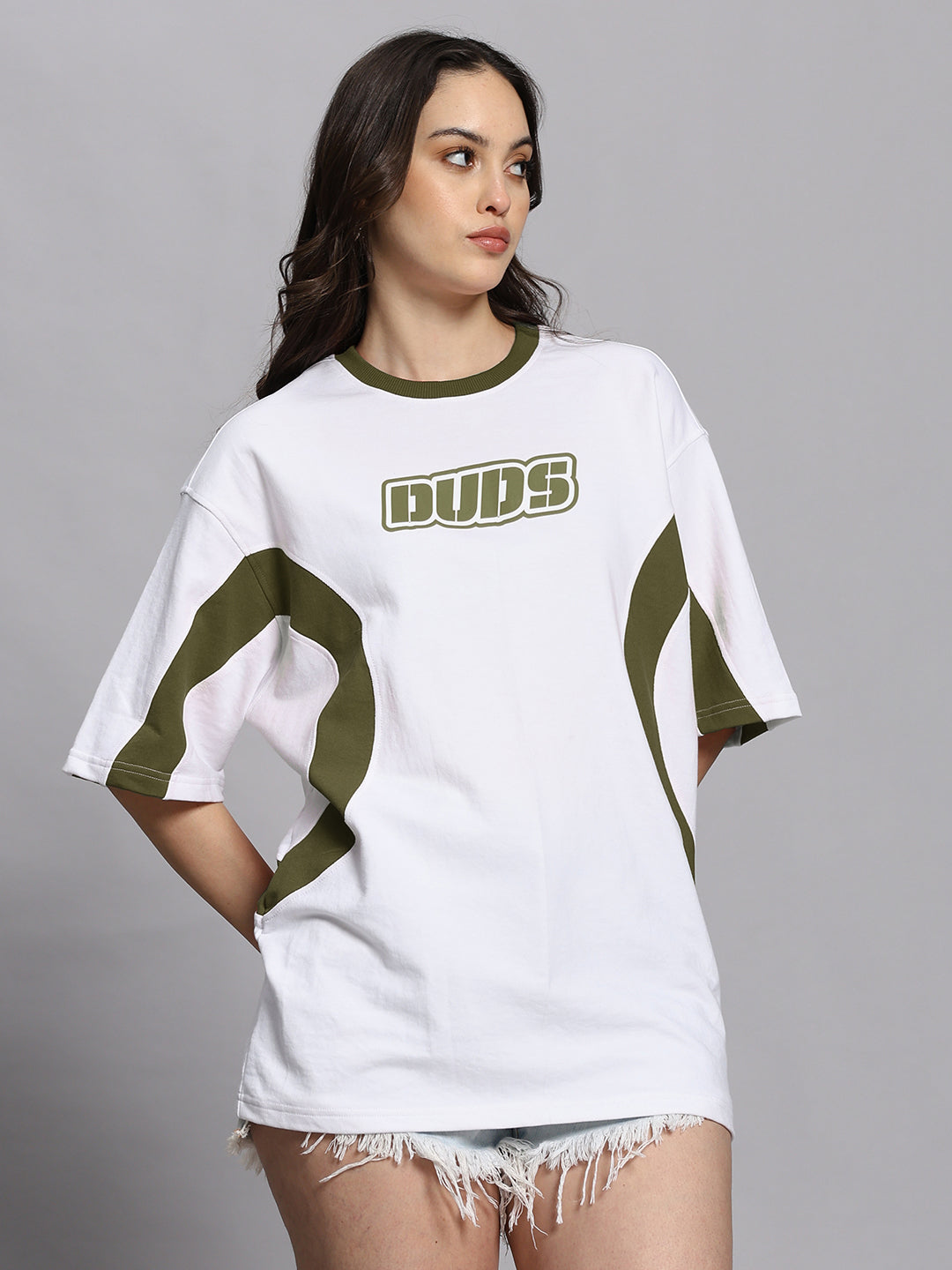 WOMEN'S EZEL OVER SIZED T-SHIRT (WHITE OLIVE GREEN)