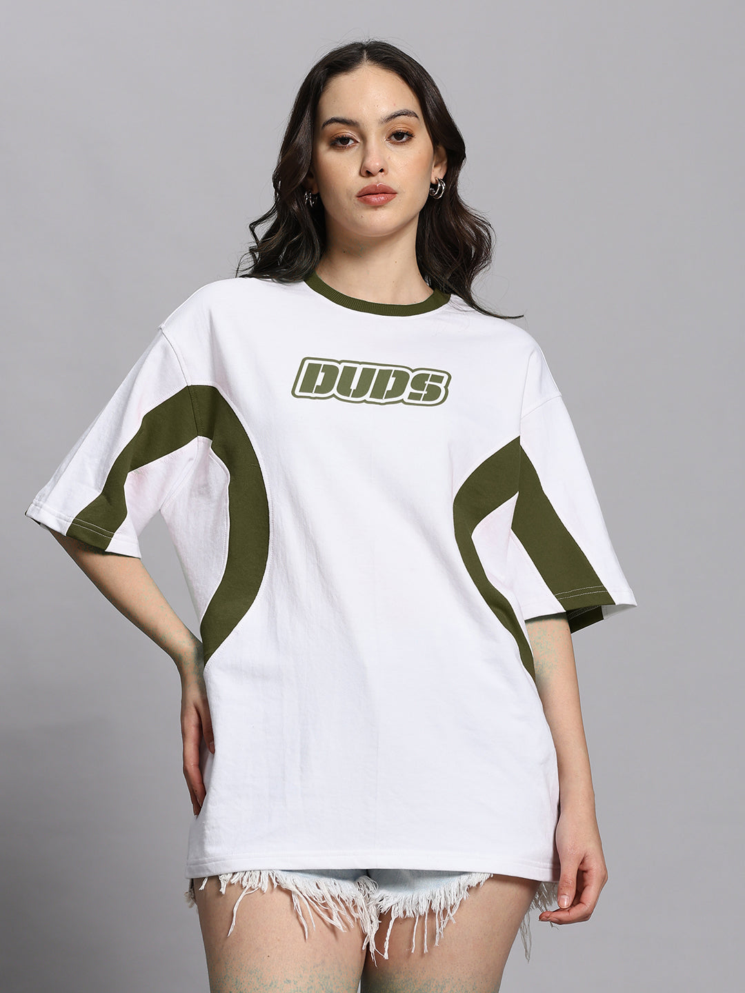 WOMEN'S EZEL OVER SIZED T-SHIRT (WHITE OLIVE GREEN)