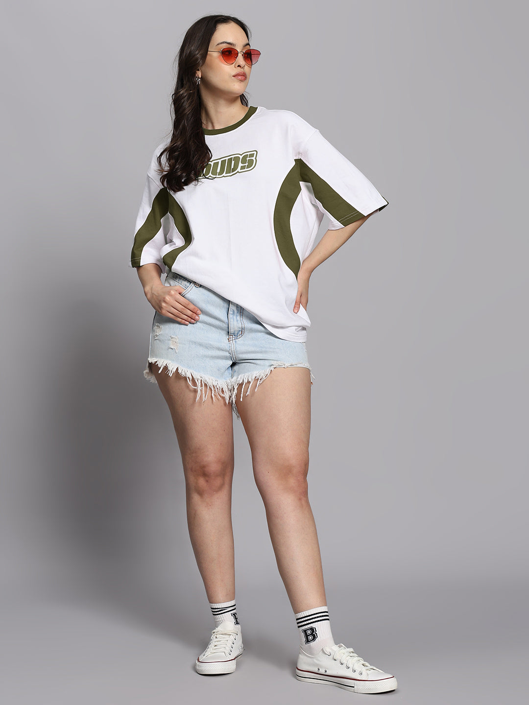 WOMEN'S EZEL OVER SIZED T-SHIRT (WHITE OLIVE GREEN)