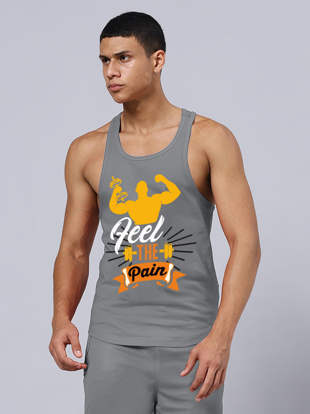 FEEL THE PAIN PRINTED GYM T-SHIRT (GREY)