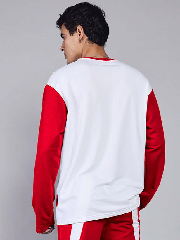 Back view of Celestine Cool Sweatshirt in white and red tones, made from premium cotton French terry lycra. Ideal for casual wear.