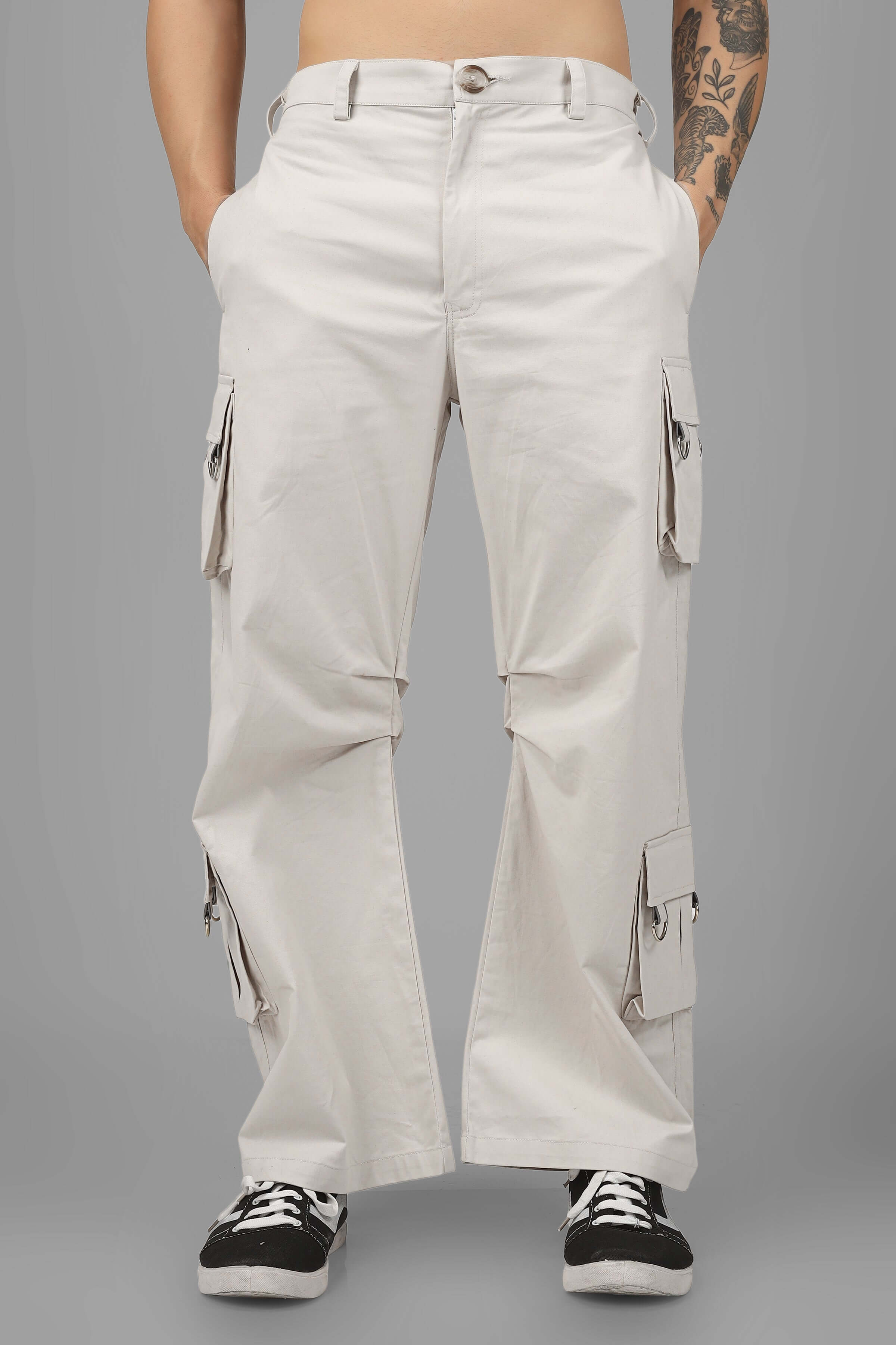 ARCADIA WHITE 6 POCKET CARGO PANTS WITH BUCKLE REFLECTOR