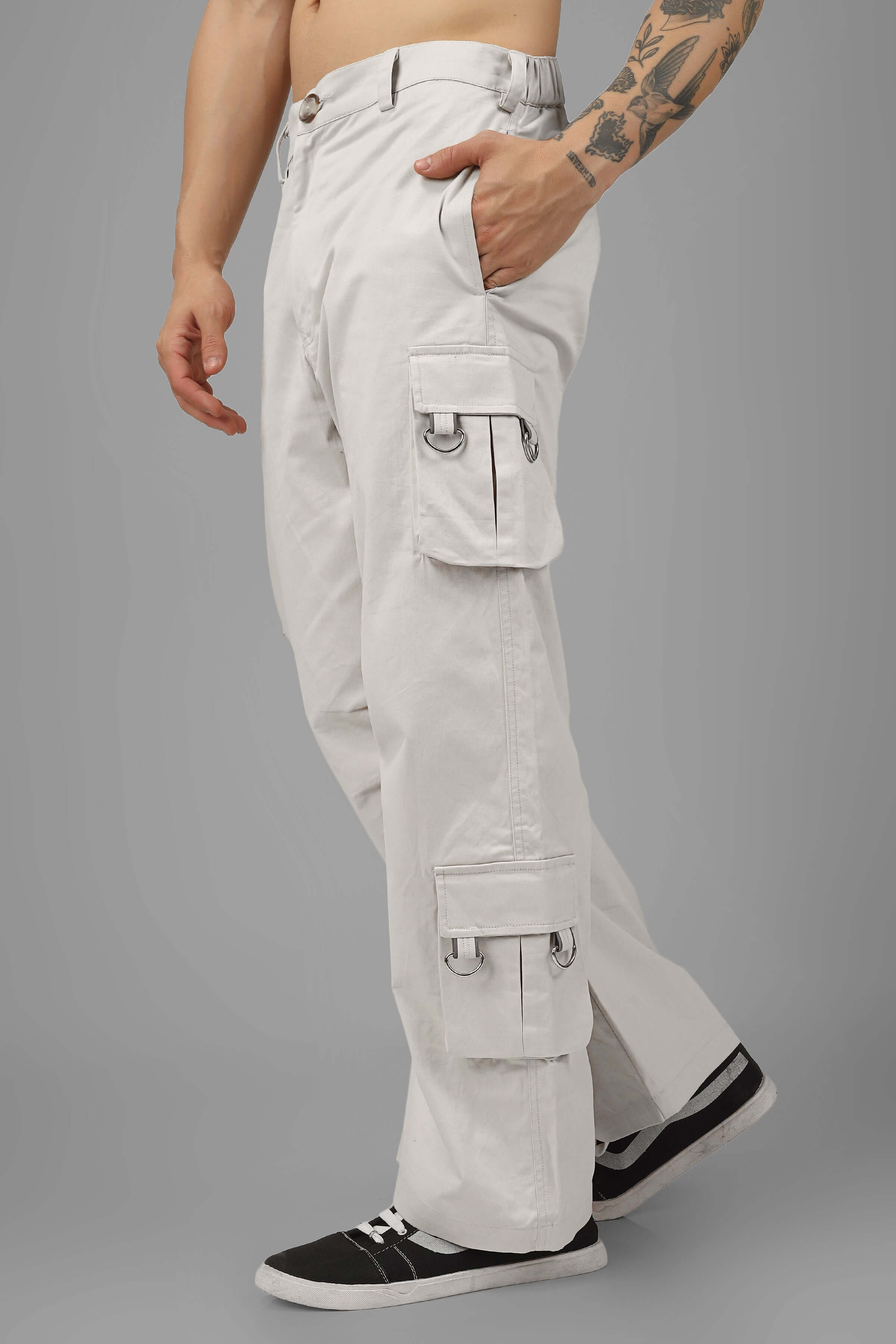 ARCADIA WHITE 6 POCKET CARGO PANTS WITH BUCKLE REFLECTOR