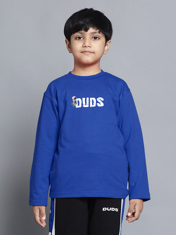 Boy wearing SPIDERROBO SWEATSHIRT FOR BOYS AND GIRLS BLUE with a casual pose, showcasing the vibrant color and comfortable fit.