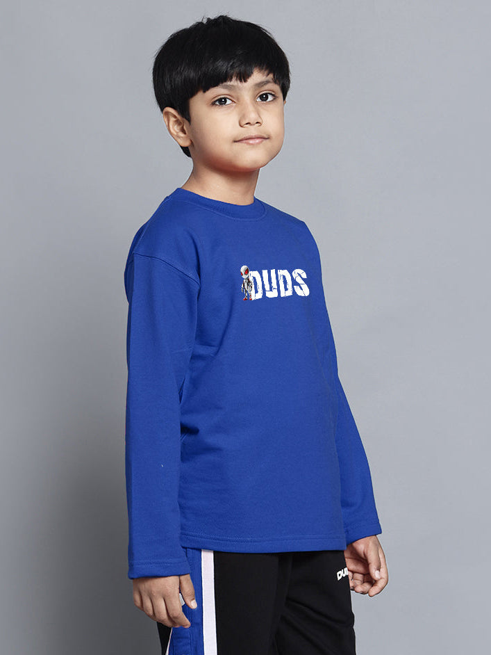 Child wearing SPIDERROBO SWEATSHIRT FOR BOYS AND GIRLS BLUE, looking stylish and comfortable.