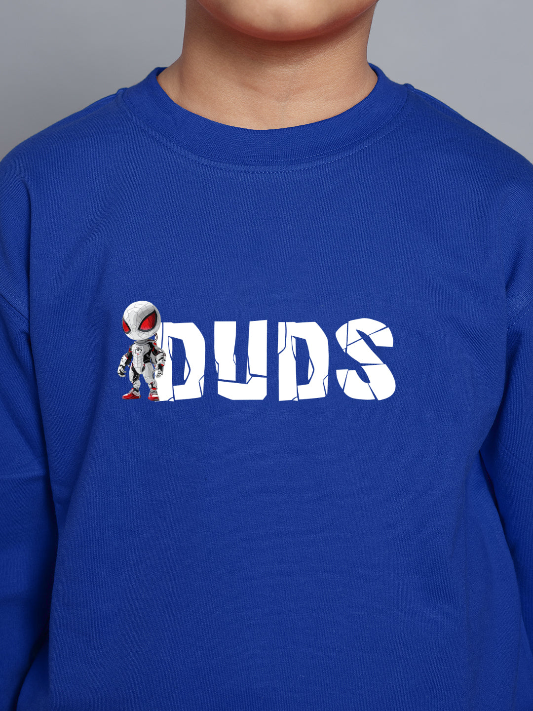 SPIDERROBO COTTON CO-ORD FOR BOYS AND GIRLS BLUE BLACK featuring a blue shirt with 'DUDS' logo and robot graphic.