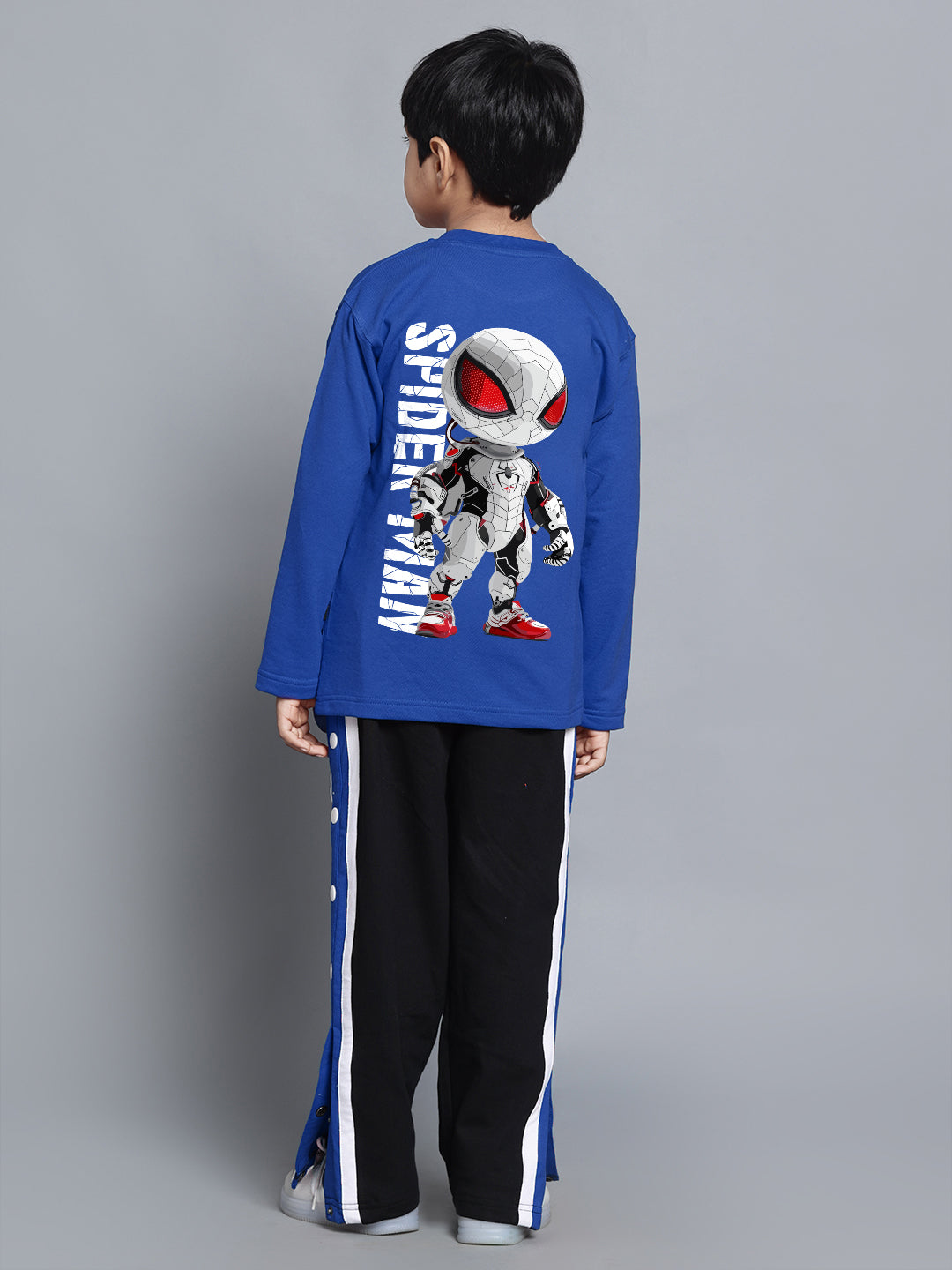 Child wearing SPIDERROBO COTTON CO-ORD FOR BOYS AND GIRLS BLUE BLACK with Spiderman design.