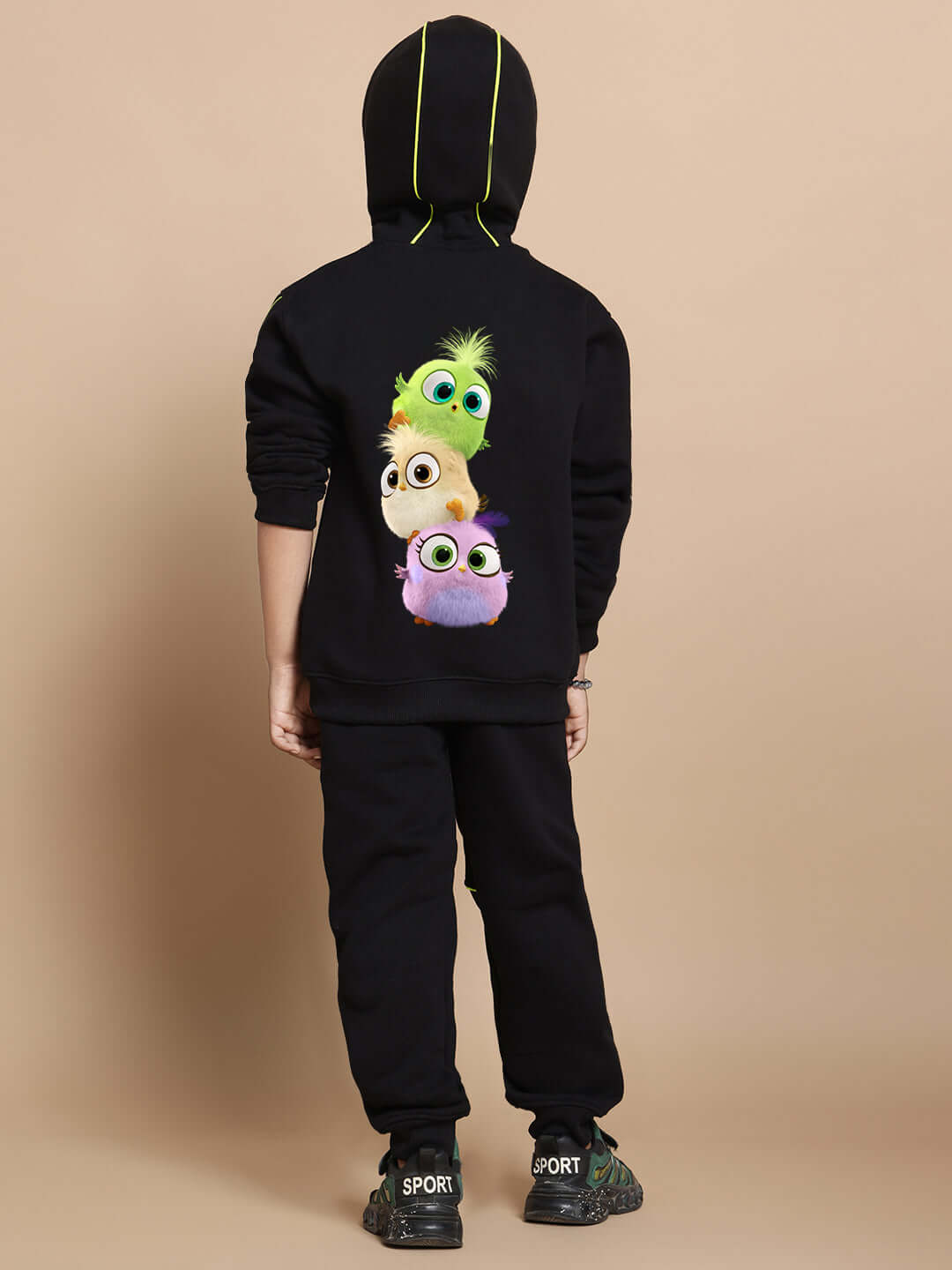 Cute Angry Bird fleece co-ord for kids, featuring colorful characters on the back of a black hoodie.