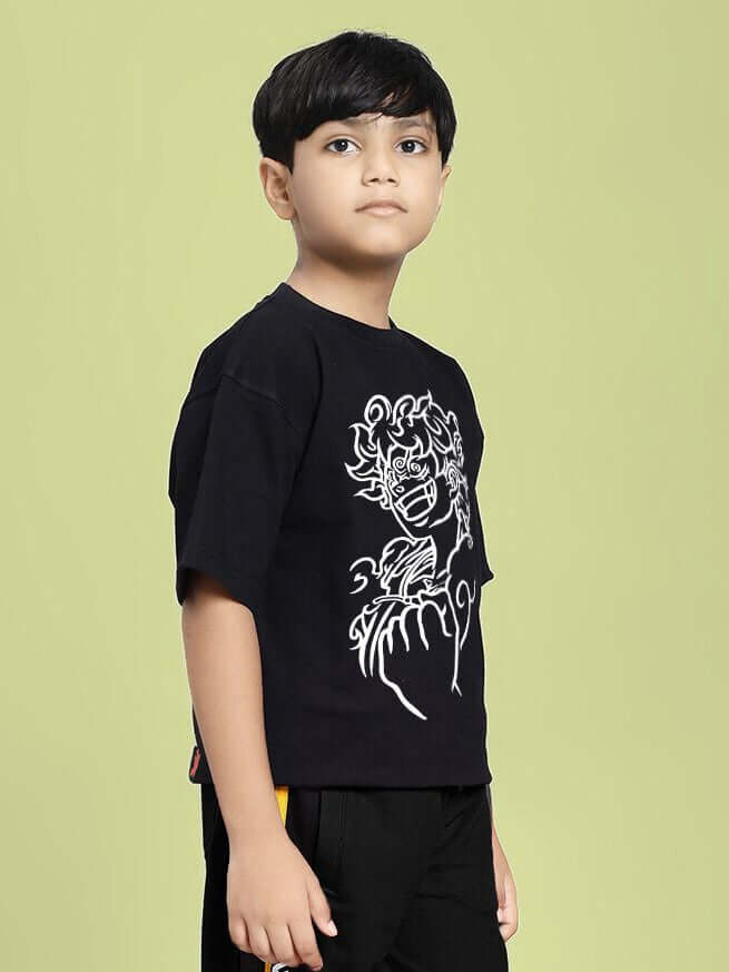 Child wearing LIFFY GEAR PRINTED T-SHIRT FOR BOYS AND GIRLS BLACK with graphic design and soft fabric, fashion for kids.