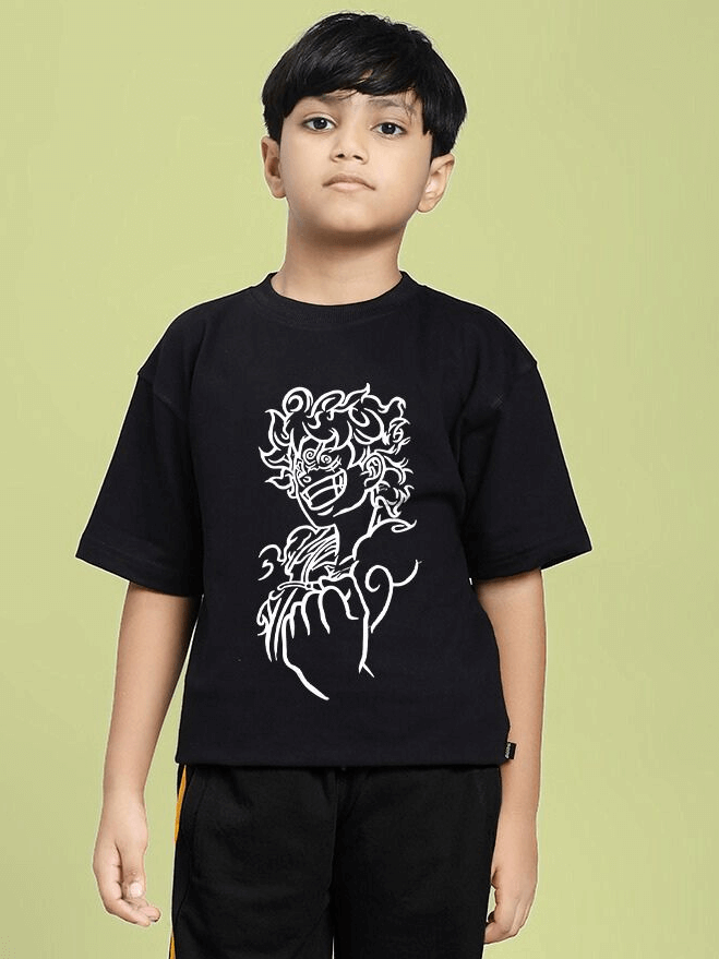 Kid wearing LIFFY GEAR PRINTED T-SHIRT FOR BOYS AND GIRLS BLACK with graphic print.