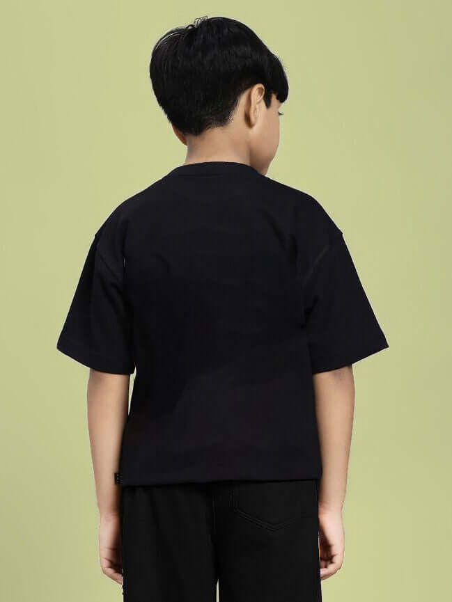 Back view of child wearing LIFFY GEAR PRINTED T-SHIRT FOR BOYS AND GIRLS BLACK.