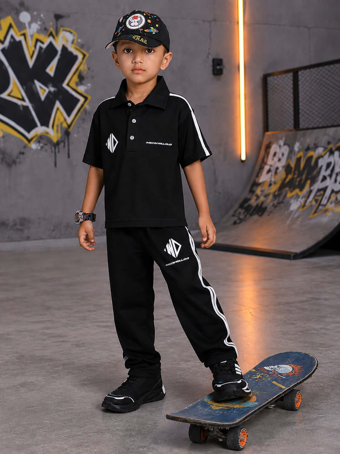 CHAMPION TRACK POLO T-SHIRT FOR BOYS GIRLS BLACK modeled by a boy standing on a skateboard in a stylish outfit.