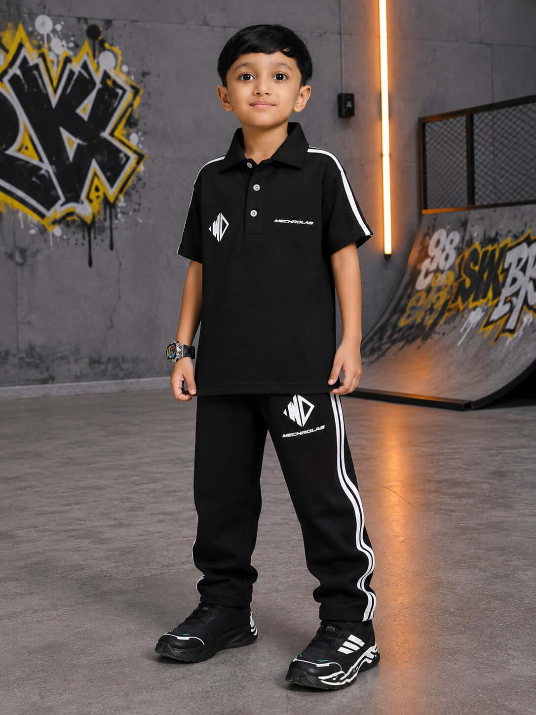 CHAMPION TRACK POLO CO-ORD FOR BOYS GIRLS BLACK worn by a boy in a sporty pose against a graffiti backdrop.
