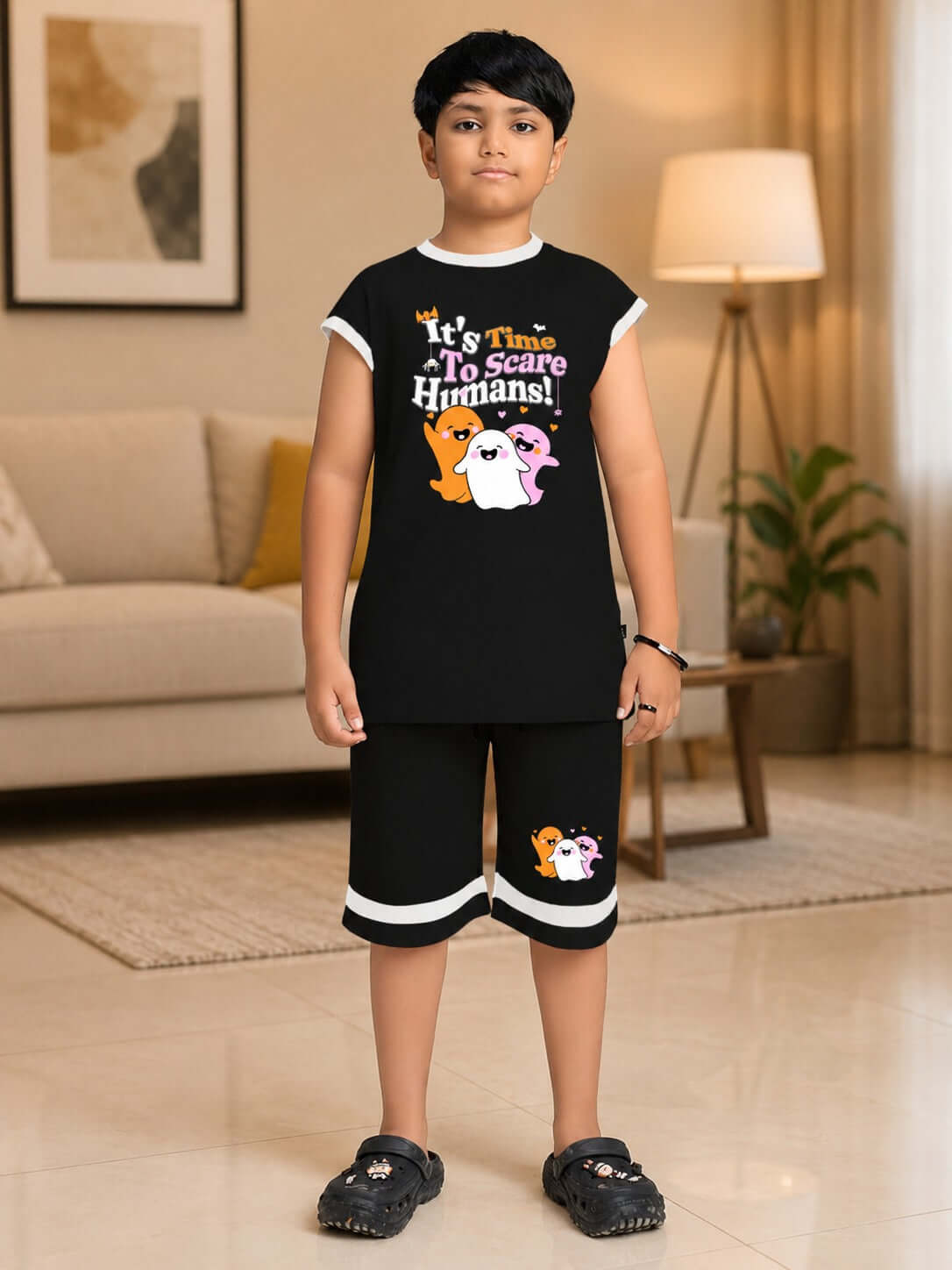 GHOST GRAPHIC TANK SLEEVELESS T-SHIRT FOR BOYS GIRLS BLACK with playful ghost design.