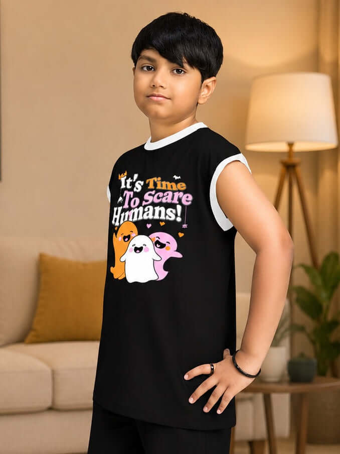 GHOST GRAPHIC TANK SLEEVELESS T-SHIRT FOR BOYS GIRLS BLACK worn by boy with playful ghost graphic design.