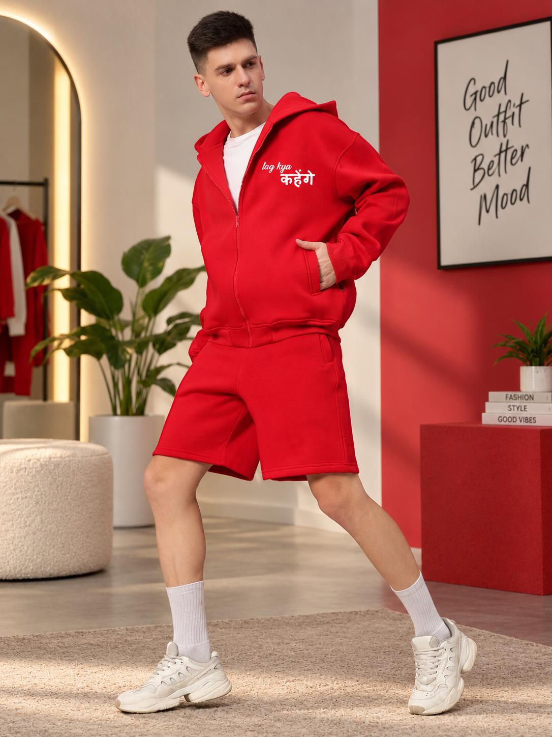 A LOOK ATTITUDE FLEECE CO-ORD RED hoodie and shorts set worn by man for a cozy, stylish casual look