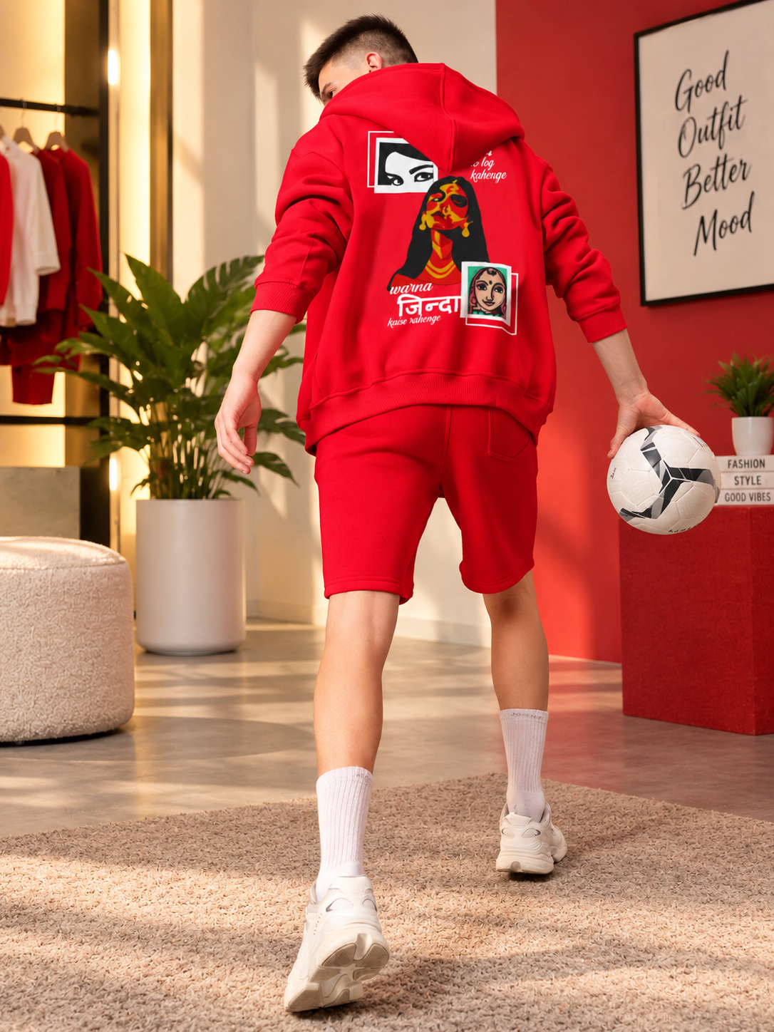 A LOOK ATTITUDE FLEECE CO-ORD RED hoodie and shorts set with graphic print, worn by man holding basketball