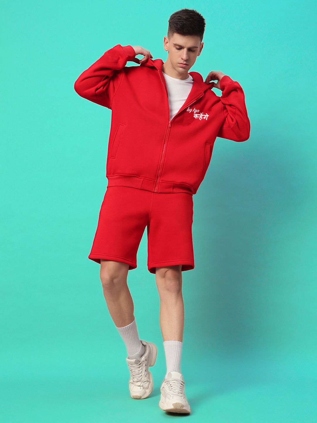 Model wearing A LOOK ATTITUDE FLEECE CO-ORD RED, showcasing vibrant red cozy co-ord set with ultra-soft fleece and modern silhouette.