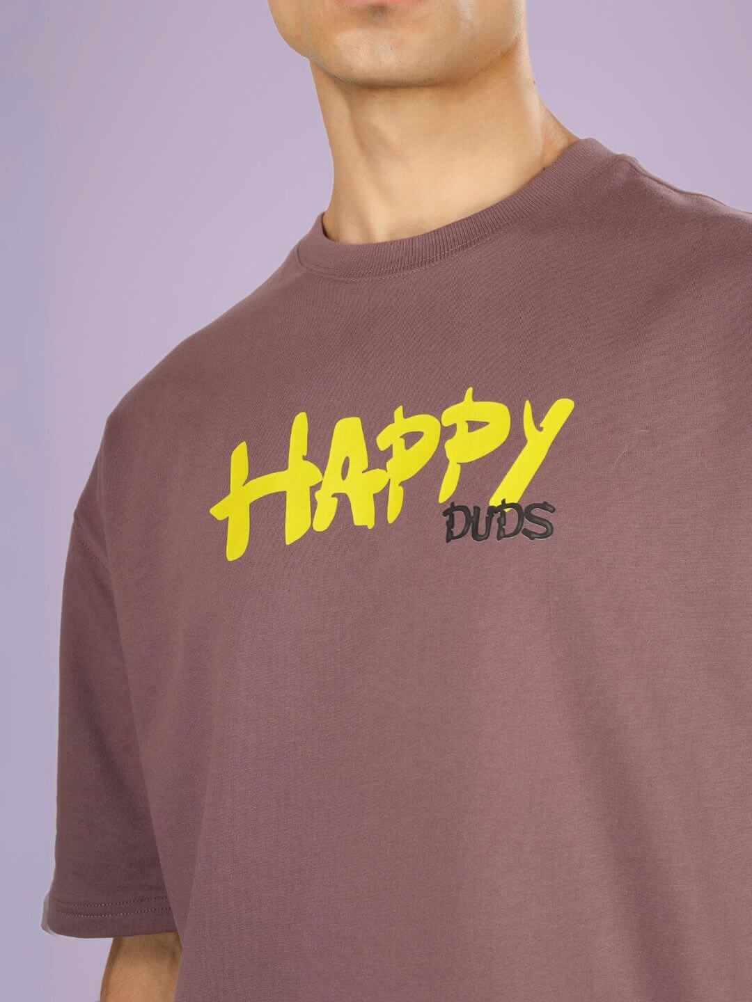 HAPPY DUDS OVER-SIZED T-SHIRT CHINESE VOILET with yellow logo, made from premium cotton French terry and elastane for comfort.