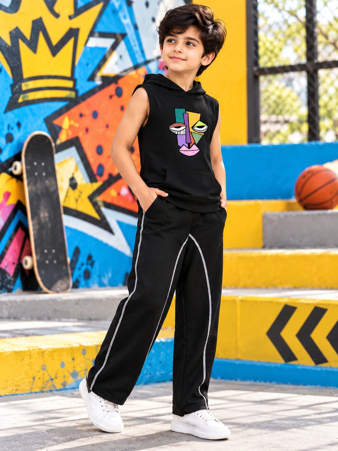 ABSTRACT FACE GYM SLEEVELESS HOODED T-SHIRT FOR BOYS GIRLS BLACK