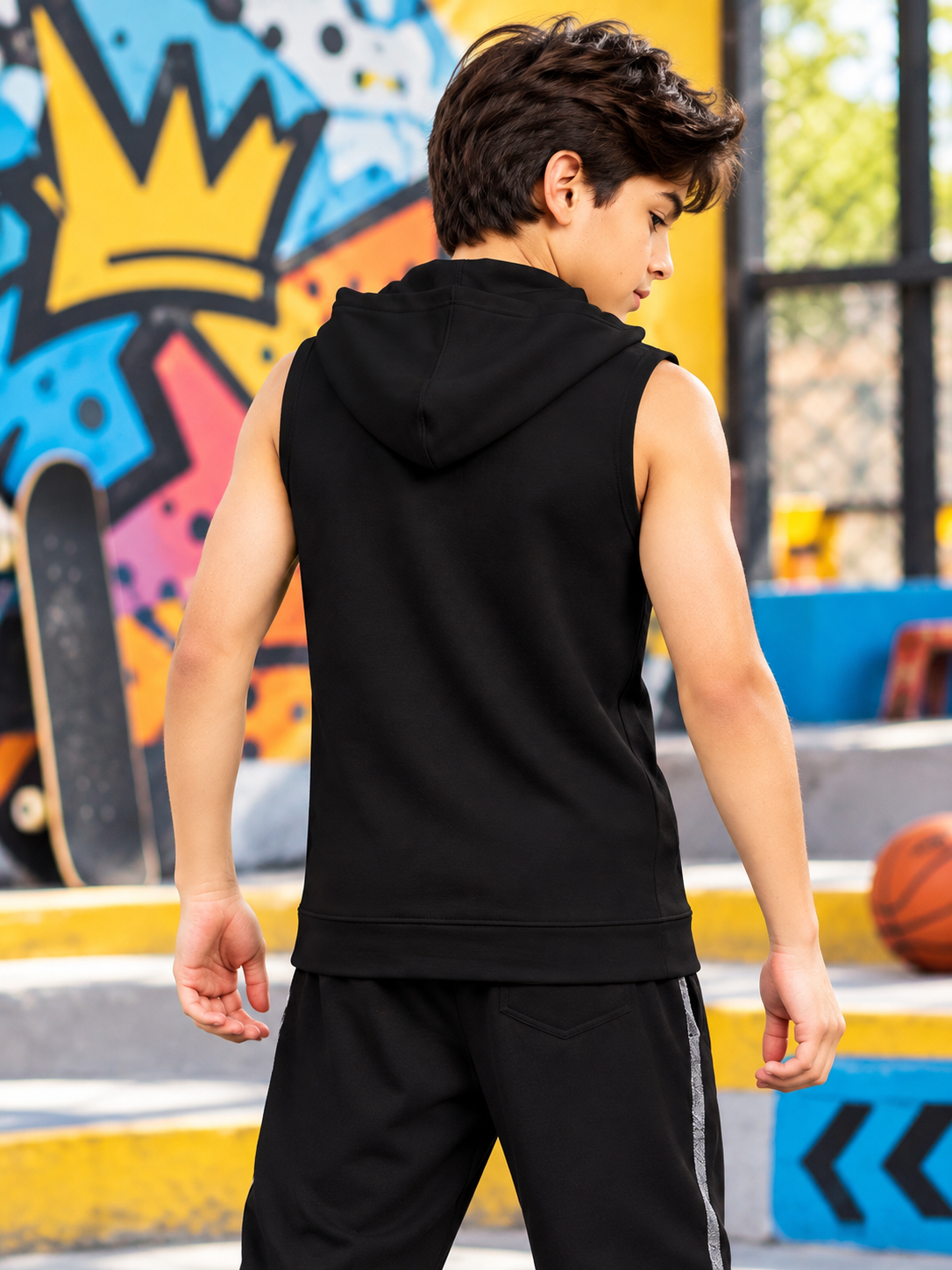 ABSTRACT FACE GYM SLEEVELESS HOODED T-SHIRT FOR BOYS GIRLS BLACK