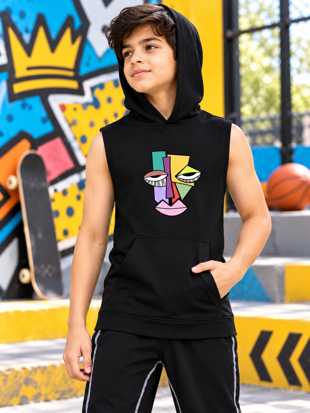 ABSTRACT FACE GYM SLEEVELESS HOODED T-SHIRT FOR BOYS GIRLS BLACK