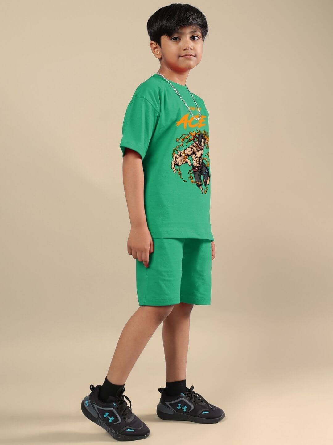 Child wearing ACE green co-ord set, featuring a stylish T-shirt and shorts, designed for boys and girls. Ideal for trendy, comfortable wear.