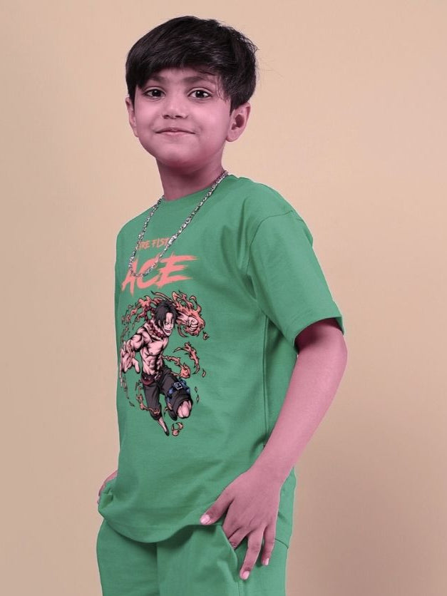 Child wearing ACE T-shirt in green with a vibrant design, suitable for boys and girls, against a neutral background.
