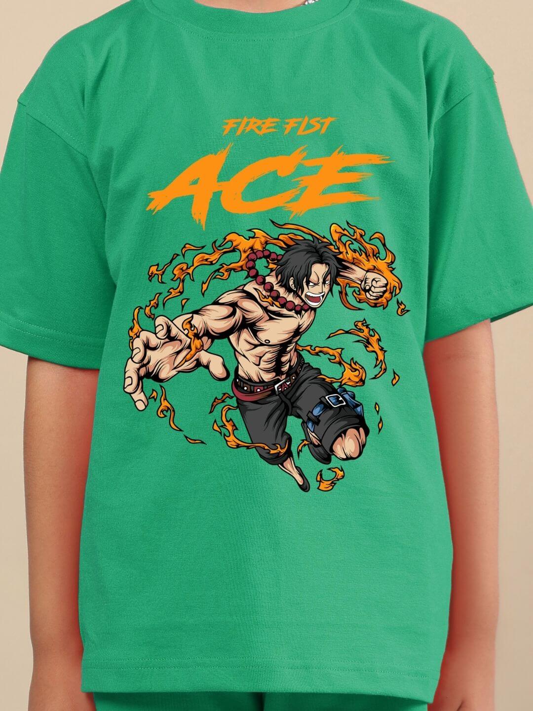 ACE T-SHIRT FOR BOYS AND GIRLS GREEN with fiery character design on front.